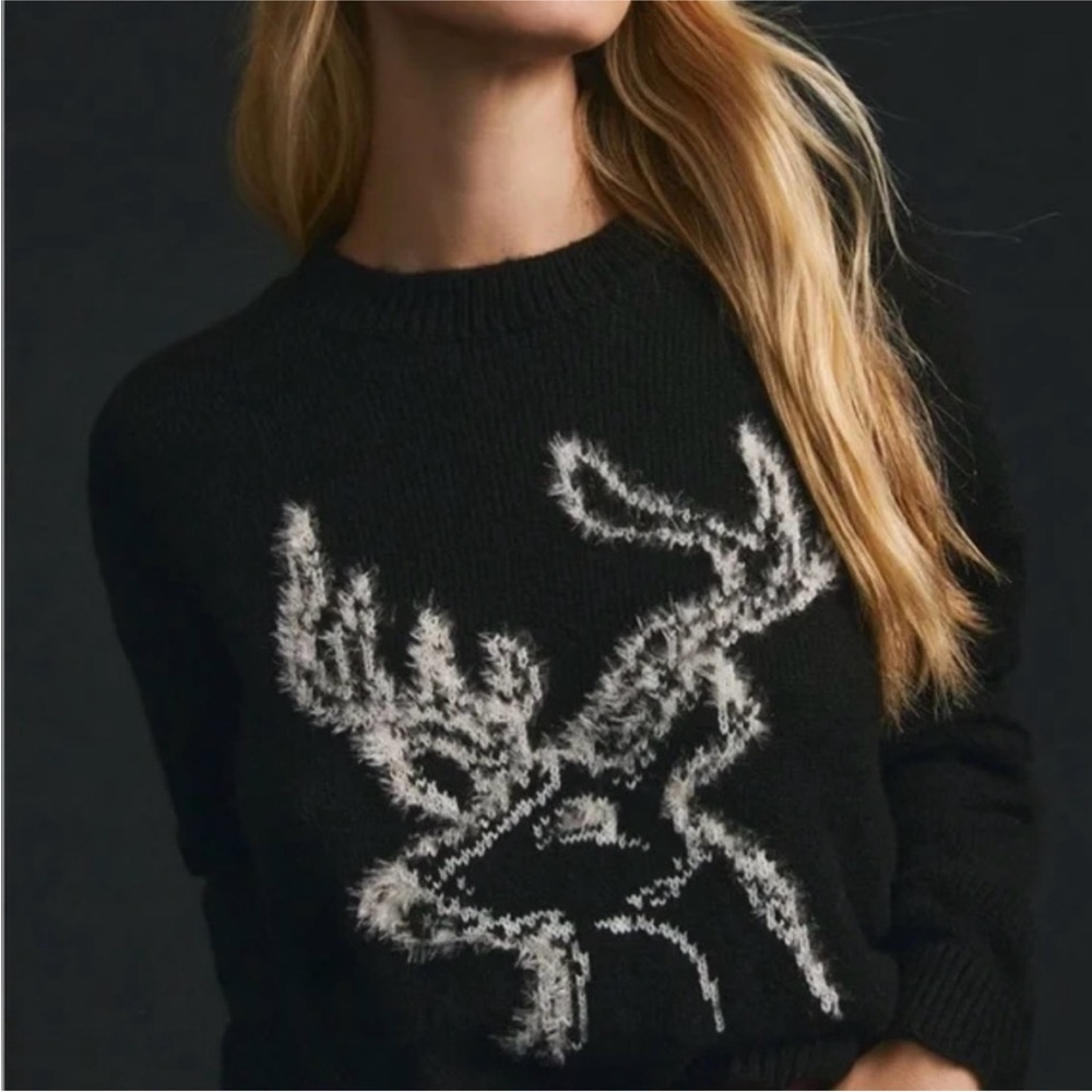 Anthropologie Oh Deer Black and White Reindeer Sweater S - Picture 3 of 8